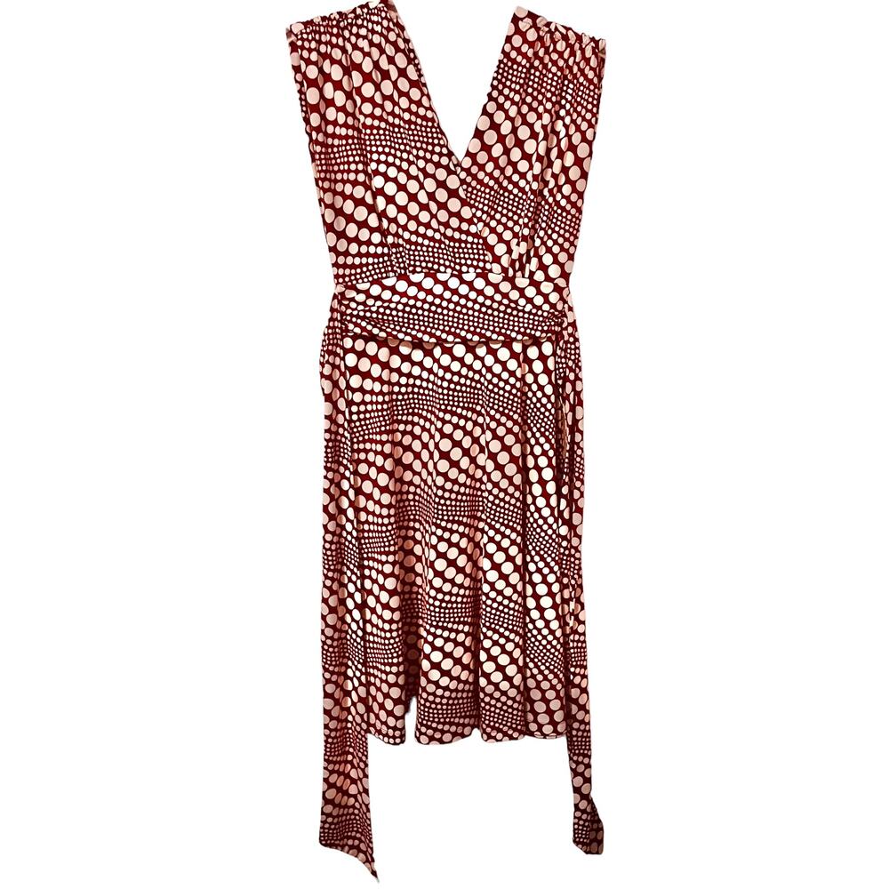 ROULETTE ELASTIC WAIST MIDI DRESS, WOMENS M, CRANBERRY & WHITE POLKA DOTS